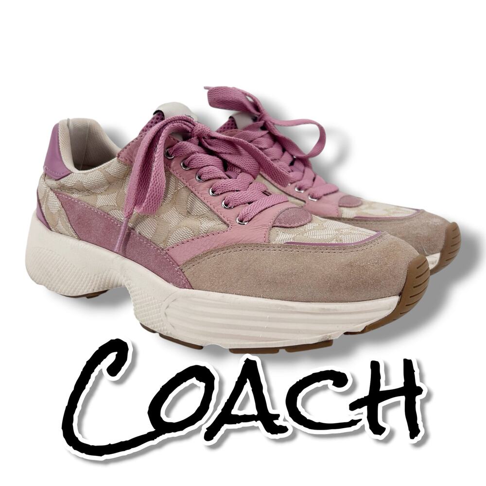 Coach CitySole Runner Signature Jacquard Sneakers Pink Khaki Suede Leather 9.5 B